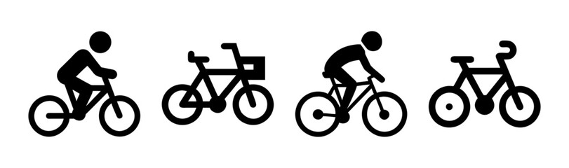 Fototapeta premium Bicycle icon set with cyclist silhouettes, black bike pictograms for maps and wayfinding, minimalist cycling symbols for sports and transportation