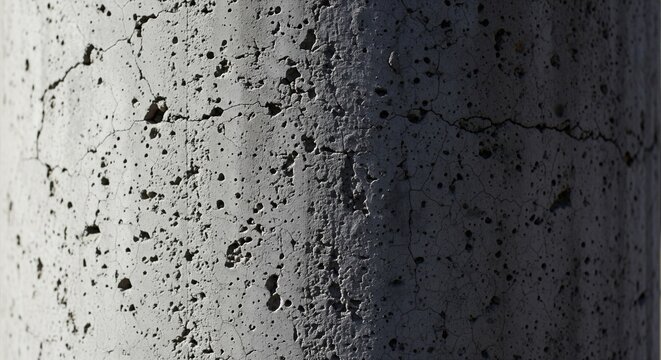 A shot of a cylindrical concrete structure where half is in deep shadow. This emphasizes the rough, pitted texture and the fine cracks on the illuminated side.