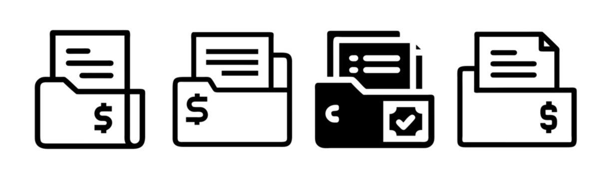 Financial folder icon set, 4 black line vector icons for business accounting, invoice and tax document organization, money file management symbols