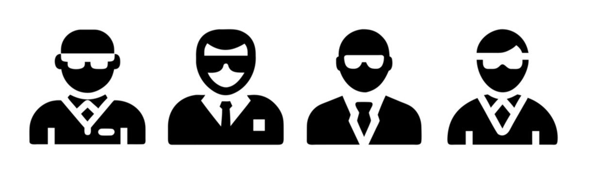Security guard icon set, black silhouette professional bodyguard avatars, secret service agent vector symbols, private protection staff icons