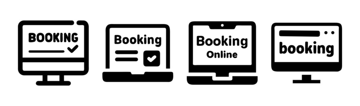 Online booking icon set, digital reservation symbols on computer and laptop screens, black vector silhouettes for web scheduling and travel services