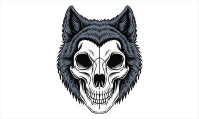 Fototapeta premium A black and white illustration of a wolfs head with a skull face isolated on white background