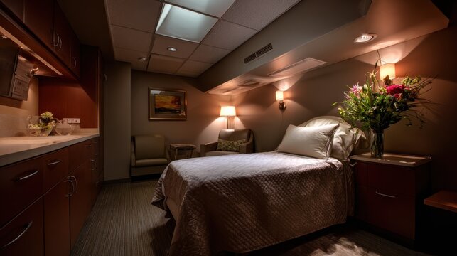 Medium shot showing wall sconces casting warm indirect light beside examination bed highlighting cozy yet functional lighting design.