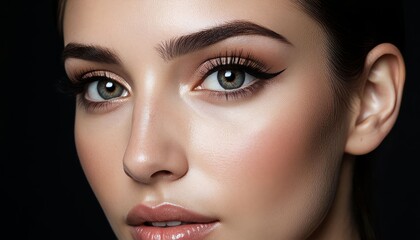 Fototapeta premium a woman with striking green eyes. Her makeup emphasizes her features, showcasing her eyelashes and lips beautifully.