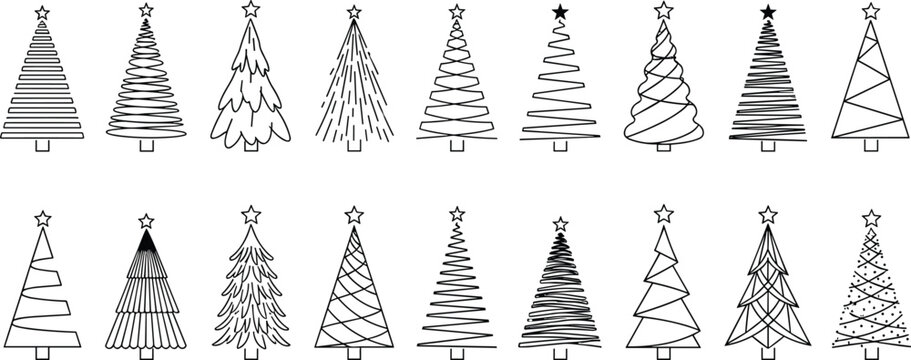 Christmas Tree Icon Set Featuring Various Tree Styles and Decorations for Holiday and Festive Designs