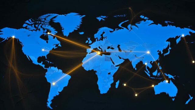 Interconnected countries on an abstract map showing alliances in a world region with golden lines connecting capital cities