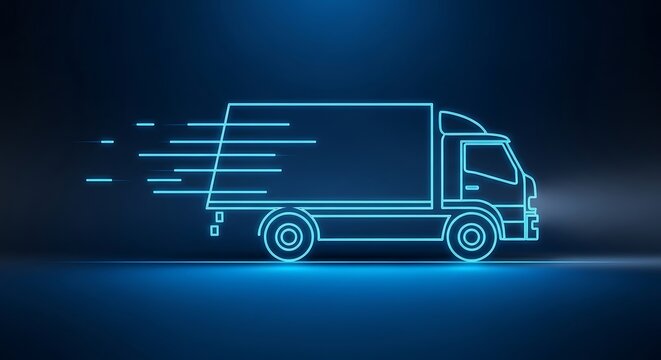 Neon outline of a speeding truck against a dark blue background