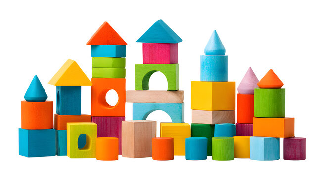Toy building blocks, kids learning and creativity concept isolated on white background
