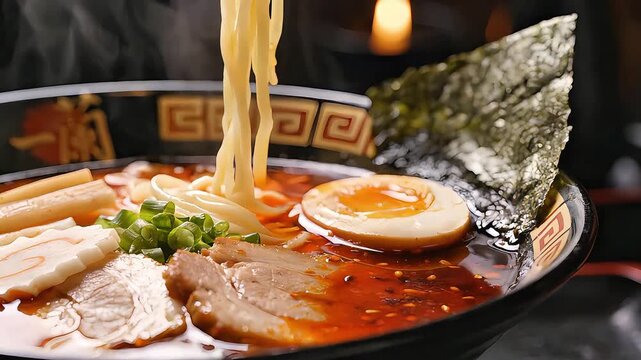 Close-up of steaming hot ramen noodles being lifted from bowl