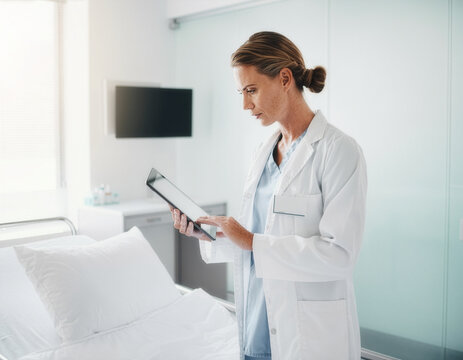 Compassionate doctor meticulously updates digital records in a luminous hospital ward