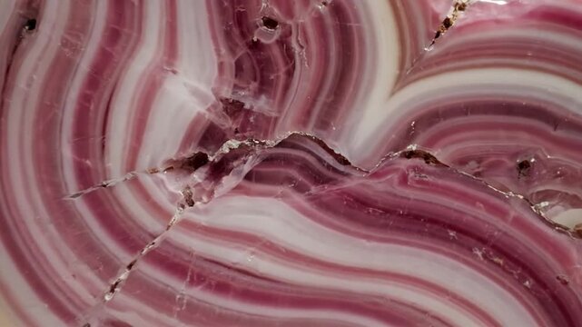 A close-up view of a pink and white banded agate stone slice
