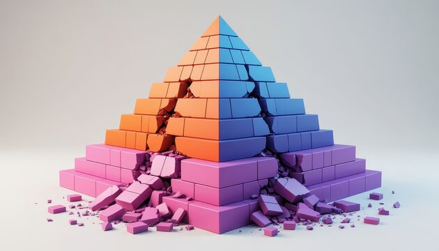 a colorful pyramid structure with pink and blue sections. The pyramid appears to be breaking apart, revealing the vibrant colors within.