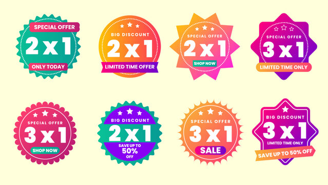 2x1 and 3x1 special offer labels and stickers with super offer three for one retail offer customer offer promotion discount commerce marketing best value advertisement shopping business