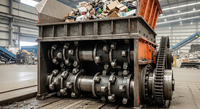 Close-up of a robust dual-shaft shredder with large metal teeth, prepared to process cardboard and mixed solid waste.