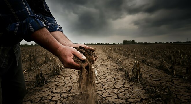 Dramatic photo of a farmer holding a handful of dusty dry soil, failed crop in the background, high contrast