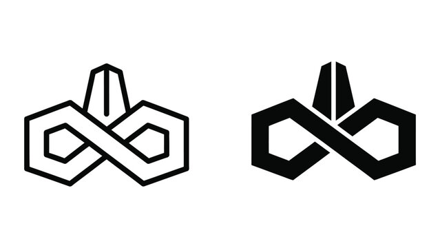 Abstract geometric logo designs featuring intertwined hexagonal shapes and vertical elements
