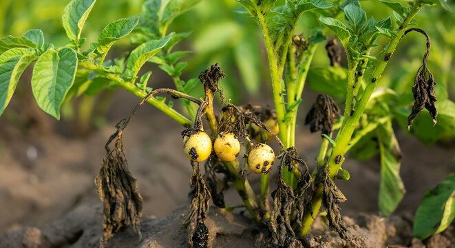 Potato late blight disease, black spots and rotting stems on plants in a field, realistic close up photography