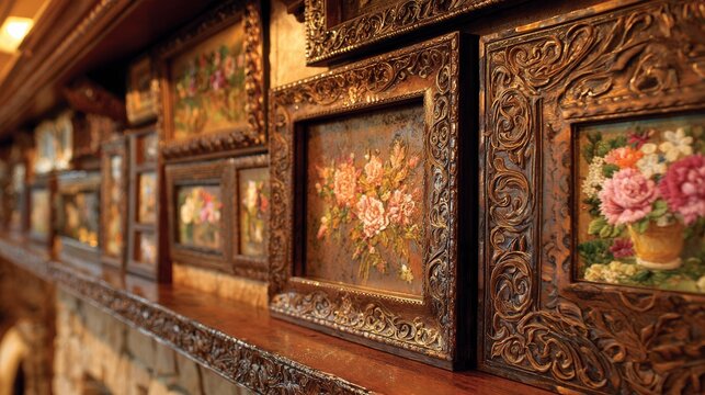 Ornate Framed Floral Paintings Displayed on a Wooden Shelf