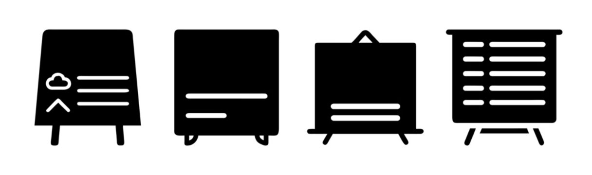 Minimalist presentation board icons, set of 4 black silhouette flipchart vectors, office whiteboard and easel symbols for business data visualization