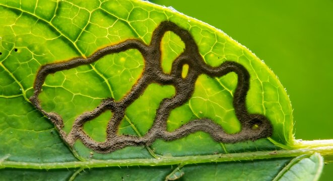 leafminer damage, intricate tunnels inside a leaf, realistic biological detail, close up