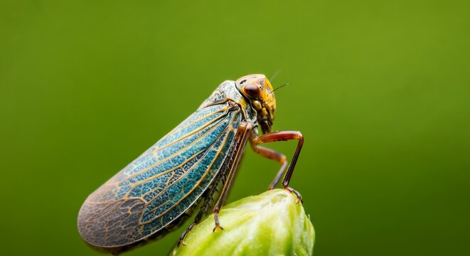 leaf hopper insects on a plant stem, soft focus background, realistic biological detail