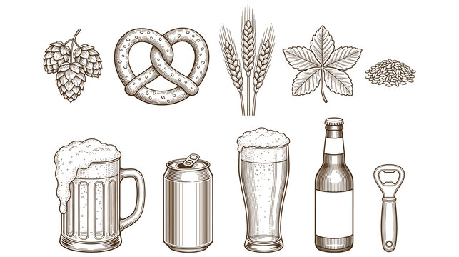 Vintage brewery ingredients and glassware collection for craft beer festival menu.