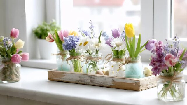 Spring season, garden park, flower, fresh, life. A still life photograph depicts a wooden tray holding a collection of glass jars filled with flowers.