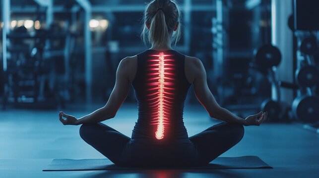 Woman meditating, spine highlighted, gym background, health