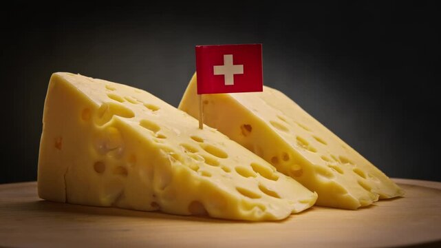 Turn of alpine cheese slice from mountain farms, on serving board and Switzerland flag, conveying Geneva traditions with products from Zurich markets.