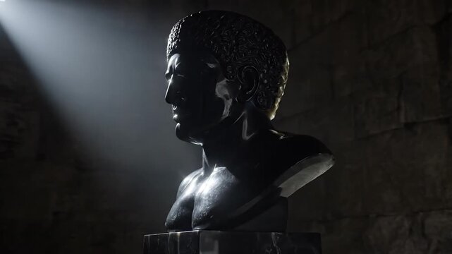 A marble statue of a man illuminated by spotlight