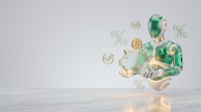 Green Translucent AI Robot Holding Gold Piggy Bank with Percentage Signs and Checkmarks on White Marble Background Cost Saving