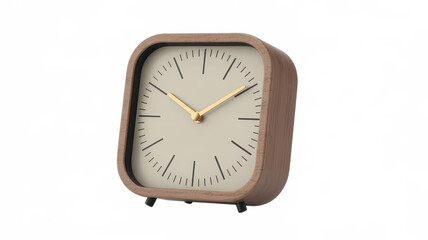 Naklejka premium Square wooden alarm clock with a light beige face and gold hands isolated on a white background