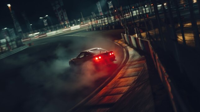 Nighttime sports car drifting through racing track corner with glowing taillights and tire smoke under dramatic circuit lights