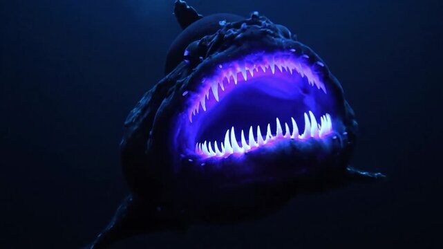 A fierce deep sea creature showing its glowing teeth in dark water