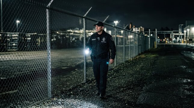 Security guard patrolling an outdoor facility at night, walking along a fenced perimeter with a flashlight illuminating the path, subtle reflections on metal surfaces