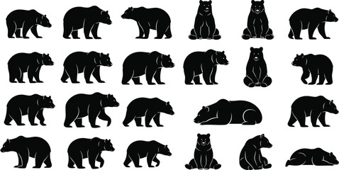 Fototapeta premium Bear Silhouette Collection Featuring Standing Walking Sitting and Sleeping Grizzly Bear Poses Isolated Wildlife Animal Vector Set for Design Use.