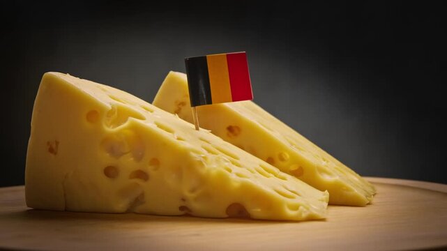 swivel of semi-hard cheese block from Flemish fields, regular air cells on oak stand and Belgium flag, personifying Brussels customs with products from Antwerp markets.