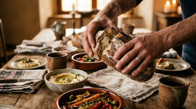 Close-up view of hands breaking bread over a wooden table filled with traditional foods, ceramic cups and woven cloths arranged naturally, soft golden light enhancing