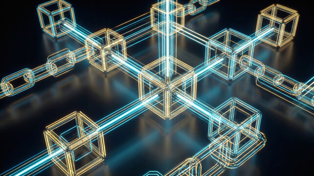 Abstract 3D digital blockchain network with glowing cubes and chain links