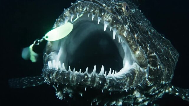 A fierce deep sea fish with open mouth displaying teeth
