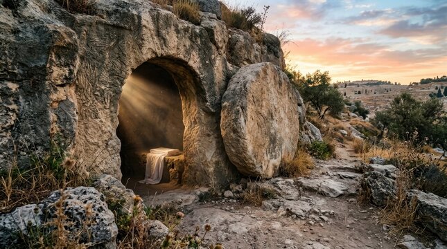 An ancient stone tomb lies open in a rugged hillside, massive circular rock rolled aside, morning light streaming into the entrance, folded burial cloth resting inside on