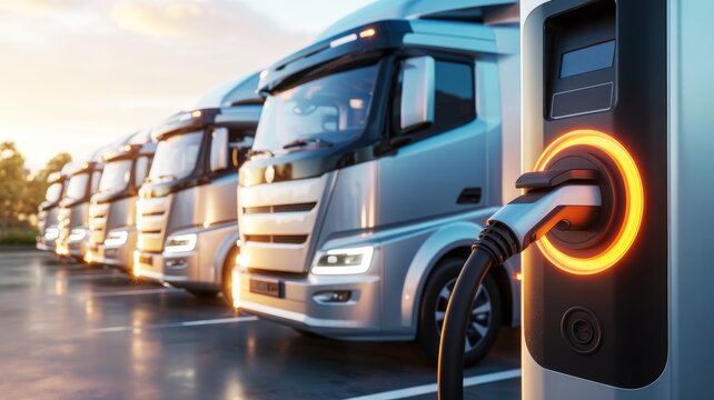 Electric trucks are charging at a station, showcasing the future of sustainable transport and technology in logistics.