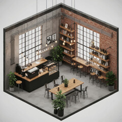 Cozy Modern Coffee Shop Interior Design Isometric View. © iis