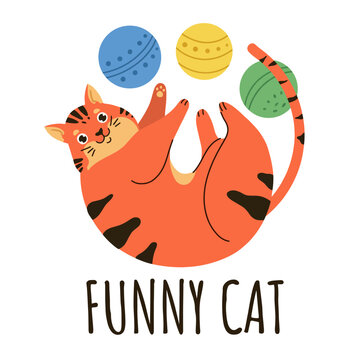 An adorable illustration of a funny cat playfully engaged with colorful balls, radiating joy and lightheartedness in a vibrant, cheerful design that captures feline curiosity.