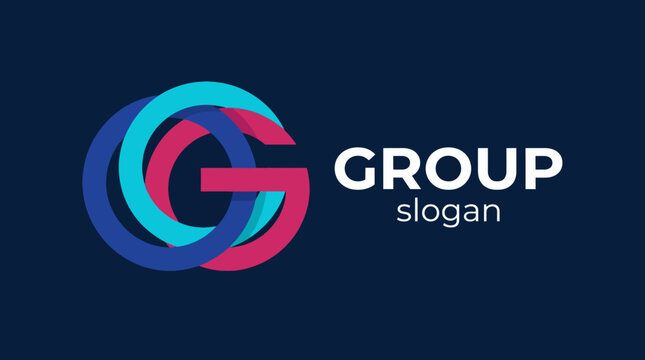 This graphic features a modern logo design illustrating interlocking shapes with the word 'GROUP' and a slogan, representing collaboration and teamwork effectively.