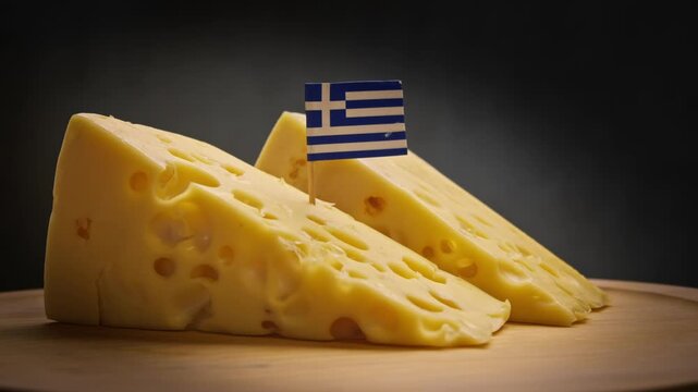 Hard cheese block on stand of hard cheese piece from mainland pastures, dense texture, characteristic voids on serving board and Greece flag