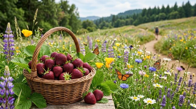 a bold, clean composition featuring baskets of freshly picked strawberries against a backdrop of flourishing pollinator habitats filled with wildflowers. captured with a