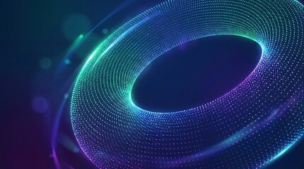 Fototapeta na wymiar Abstract glowing particle ring in neon green and blue light on dark background with abstract background close-up entertainment