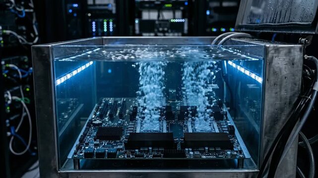 Cinematic close-up of computer servers and GPUs submerged in a boiling liquid immersion cooling system tank