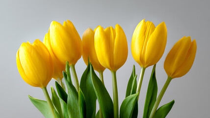 Obraz premium Vibrant bouquet of yellow tulips on gray background with green leaves